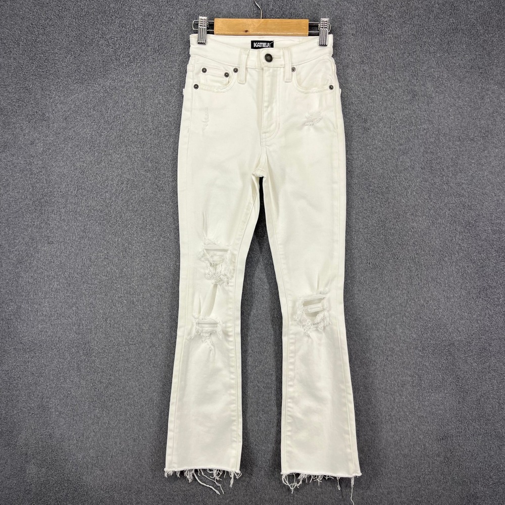 Katie J NYC Flared Jeans Girls 7/8 White Distressed Raw Hem High Rise LASTT